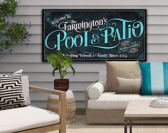Personalized Pool & Patio on Metal or Canvas! | Custom Family Name Sign | Modern Farmhouse Sign | Dark Blue Patio Decor | Custom Pool Sign