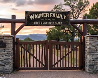 May include: A wooden ranch gate with a sign that reads "WAGNER FAMILY Est. 1987 HOME & LIVESTOCK RANCH." The gate is brown and leads to a dirt road. Stone pillars flank the gate.
