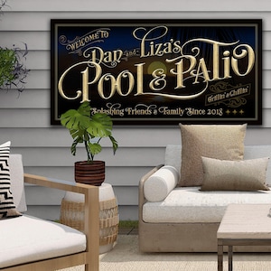 Personalized Pool & Patio Sign: Custom Family Name, Summer Sunset, Metal or Canvas