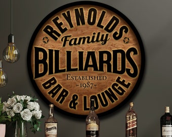 May include: A round wooden sign with the text "REYNOLDS Family BILLIARDS BAR & LOUNGE" in black lettering. The sign is brown with a black border and the text "ESTABLISHED ~1987~". The image also shows liquor bottles.