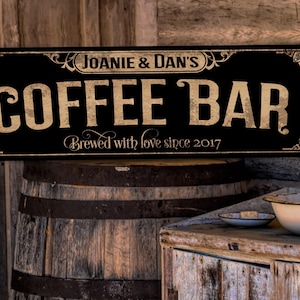 Primitive Coffee Bar Sign | Personalized Family Name Sign | Rustic Farmhouse Wall Decor | Large Vintage Coffee Bar Sign | Coffee Bar Decor