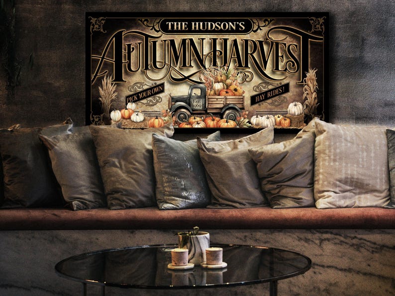 Personalized Autumn Harvest Sign: Vintage Pumpkin Truck, Rustic Fall Decor image 4