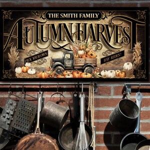 Personalized Autumn Harvest Sign: Vintage Pumpkin Truck, Rustic Fall Decor image 1