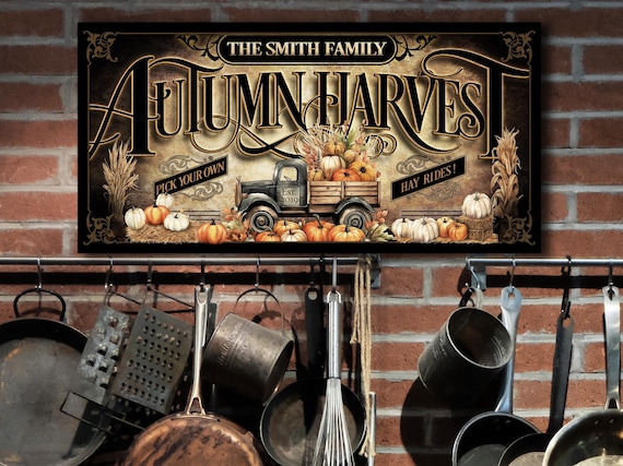 Personalized Autumn Harvest Sign: Vintage Pumpkin Truck, Rustic Fall Decor
