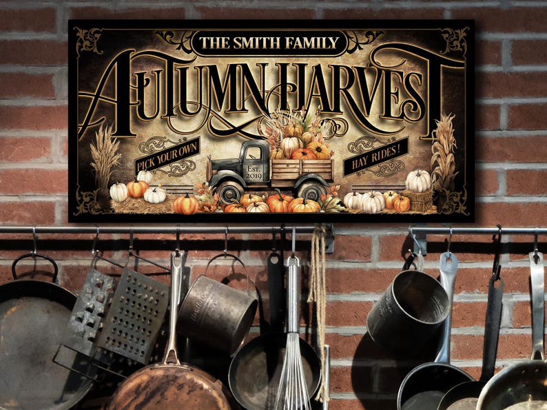 Personalized Autumn Harvest Sign: Vintage Pumpkin Truck, Rustic Fall Decor image 1
