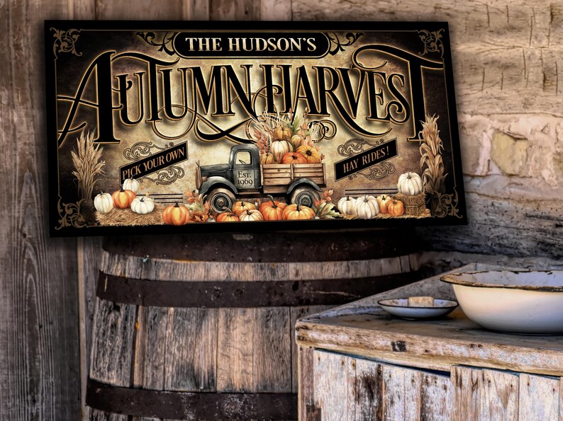 Personalized Autumn Harvest Sign: Vintage Pumpkin Truck, Rustic Fall Decor image 3