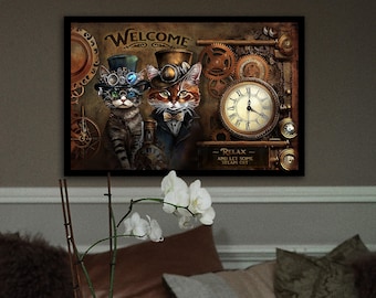 Steampunk | Steampunk Decor | Steampunk Metal Wall Art| Steampunk Wall Art | Steampunk Wall Decor | Steampunk Kitty Cat Metal Sign