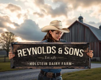 May include: A woman wearing a cowboy hat holds a rustic wooden sign that reads "Reynolds & Sons - Est. 1987 - Holstein Dairy Farm".
