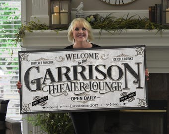 Personalized Home Theater Sign: Family Name Lounge, Metal or Canvas