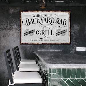 Custom Backyard Bar and Grill Sign | Patio Bar Sign | Porch Bar Sign | Name Sign | Modern Farmhouse Decor | Large Metal Sign | Light Color