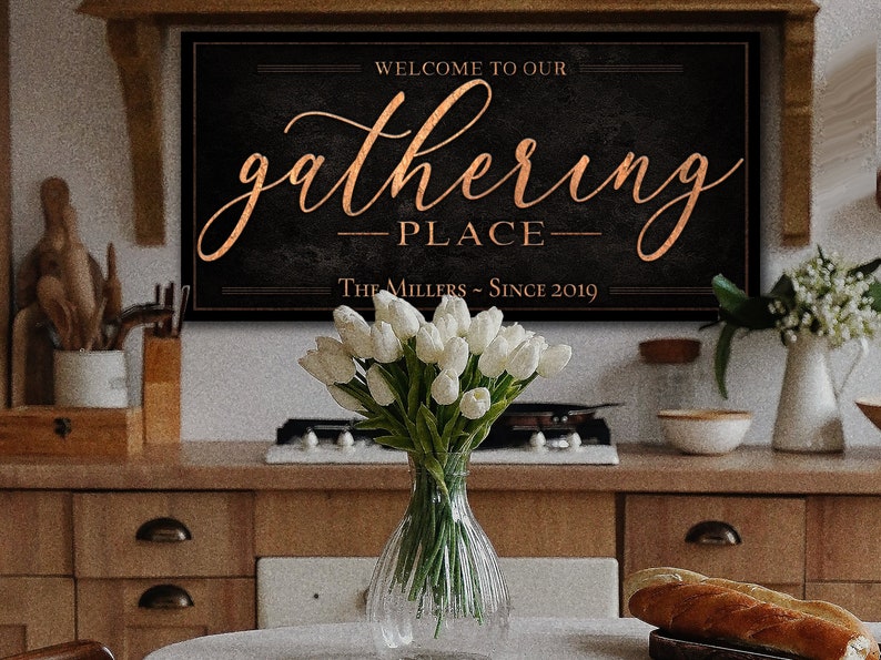 The Gathering Place Sign Last Name Est Date Dark Vintage Personalized Name Sign Rustic Large Metal or Canvas Vintage Home Wall Decor image 1