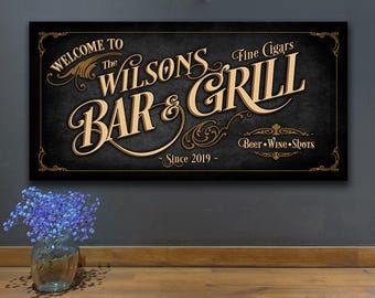 Personalized Bar & Grill Sign: Vintage Pub Decor, Custom Metal or Canvas