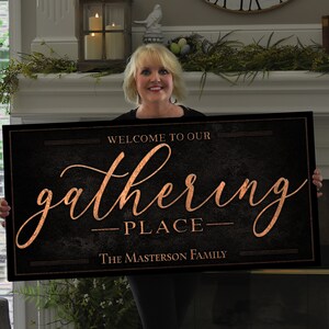 The Gathering Place Sign Last Name Est Date Dark Vintage Personalized Name Sign Rustic Large Metal or Canvas Vintage Home Wall Decor image 2