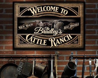 Personalized Highland Cattle Ranch Sign: Vintage Farmhouse Metal or Canvas Print