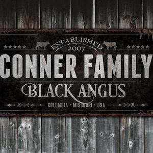 Black Angus Cattle Ranch Sign | Last Name Farmhouse Sign | Black Farmhouse Sign | Ranch House Plans | Farm Wall Decor | Distressed Sign