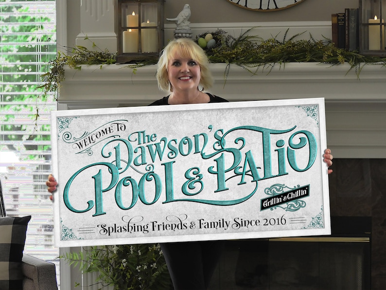 Personalized Pool & Patio Sign: Custom Family Name, Teal Blue, Modern ...