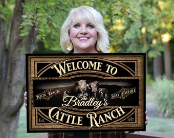 Personalized Hereford Cattle Ranch Sign: Vintage Farmhouse Metal or Canvas