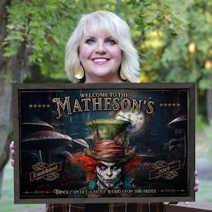 Personalized Mad Hatter Family Name Sign: Alice in Wonderland Metal or Canvas