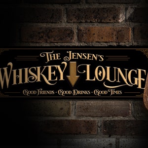 Custom Whiskey Lounge Sign with Personalized Family Name |  Custom Wall Decor on Metal or Canvas Sign | Customized & Personalized Wall Art