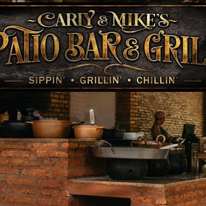 Personalized Patio Bar and Grill  Sign with Family Name |  Custom Bar and Grill Sippin&#39;, Grillin&#39;, Chillin&#39; Sign | Customized Patio Sign