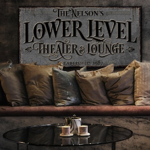 Personalized Lower Level Theater & Lounge Sign, Bar Sign, Lower Level Sign, Rustic Family Theater and Lounge for Basement, Canvas, Metal
