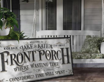 Personalized Front Porch Sign: Vintage Black & White Metal or Canvas