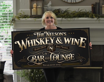 Personalized Whiskey and Wine Bar Sign: Vintage Family Name Decor