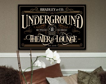 Personalized Vintage Home Theater Sign: Basement Lounge Canvas or Metal