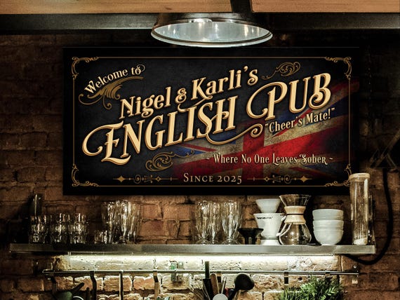 Personalized Vintage English Pub Sign: Bar Wall Decor