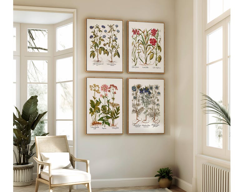 Op de afbeelding: Vier ingelijste botanische prenten met gedetailleerde illustraties van verschillende planten, waaronder bloemen en wortels. De prenten hebben een beige achtergrond en worden tentoongesteld op een lichtgrijze muur. De frames zijn lichtbruin van kleur. De kamer heeft een neutraal kleurenpalet.