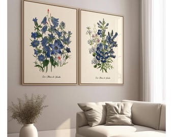 Blue Floral Art Prints - Set of 2 - Vintage Restored Giclée.