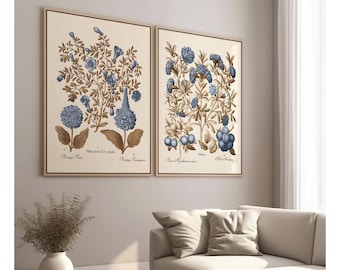 Sepia & Blue Botanical Art Print Set - Set of 2 - Restored Vintage Floral.