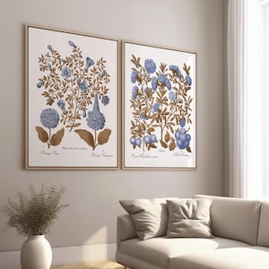 Floral Art Prints. Sepia and Blue Botanical Print Set.  Set of Two Prints.  Four Print Sizes.  Giclee Fine Art Printing.  Ready to Frame
