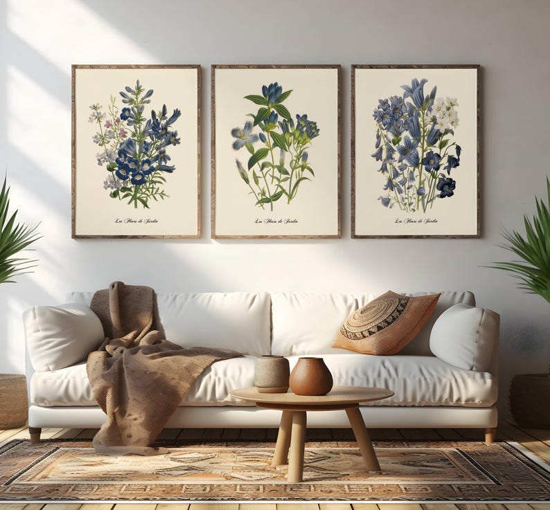 Restored Floral Art Prints - Set of Three - Giclée Quality BEIGE