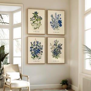 Blue Flower Art Prints - Set of 4 - Restored Vintage Botanical Illustrations.