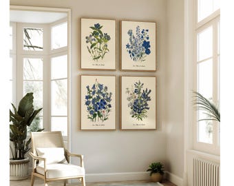 Blue Flower Art Prints - Set of 4 - Restored Vintage Botanical Illustrations.