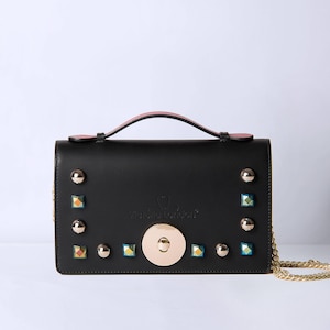 black leather bag, small studs bag, black real leather pochette,made in italy, woman leather bag, bag, leather small bag,pochette