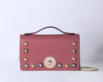 pink leather bag, small studs bag, pink real leather pochette,made in italy, woman leather bag, bag, leather small bag,pochette