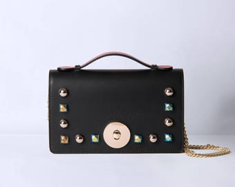 black leather bag, small studs bag, black real leather pochette,made in italy, woman leather bag, bag, leather small bag,pochette