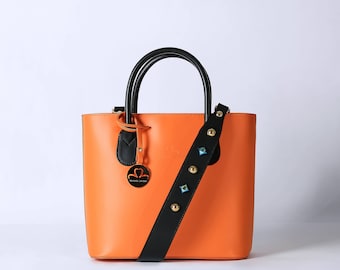 orange leather bag, orange handbag, orange real leather handbag,made in italy, woman leather bag, leather small bag