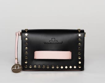 black leather bag, small studs bag, black real leather pochette,made in italy, woman leather bag, bag, leather small bag,pochette, pink bag