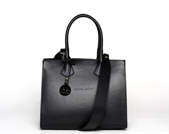 Schwarze Ledertasche, Damentasche aus echtem Leder, hergestellt in Italien, große Ledertasche, Handtasche, Computertasche, schwarze Tasche, Tasche mit Schultergurt