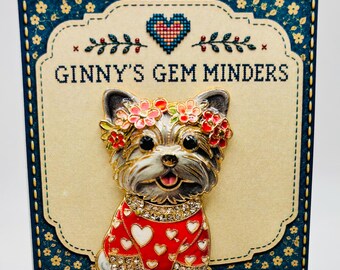 Adorable Enamel/Crystal Small Gray Dog in Red Heart Sweater Needle Minder - NOT FOR CHILDREN