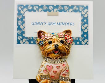 Adorable Enamel/CrystalSmall Brown Dog Wearing Pink Heart Sweater  Needle Minder - NOT FOR CHILDREN