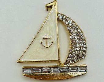 Beautiful White Enamel and Crystal Sailboat Needle Minder/Magnet
