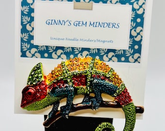 Brilliant Colored Enamel and Crystal Chameleon Needle Minder/Magnet - NOT FOR CHILDREN