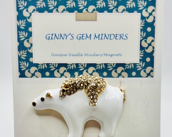 Beautiful White Enamel and Crystal Polar Bear Mom and Baby Needle Minder/Magnet - NOT FOR CHILDREN