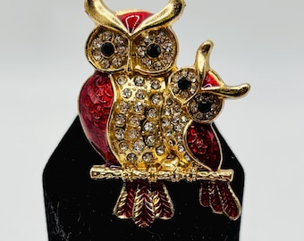 Beautifull Red Enamel and Crystal Owl Pair Bird Needle Minder/Magnet