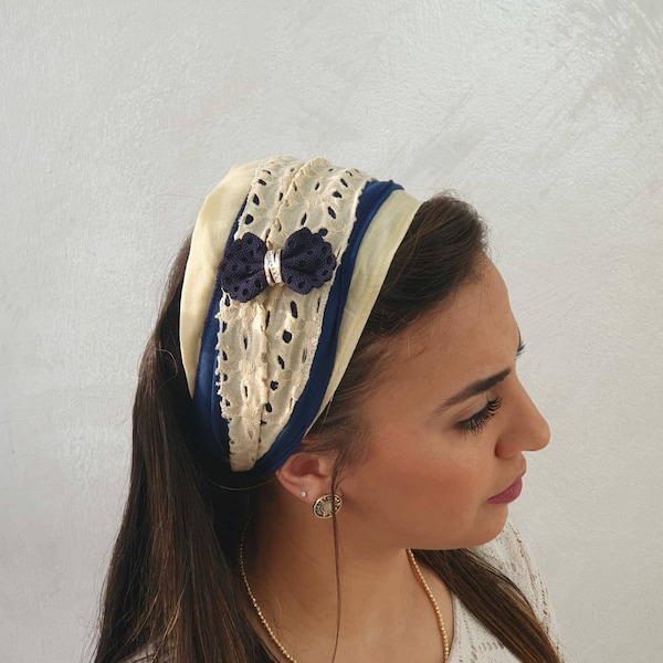 Camel Tichel, Lace Embroidery, Blue Bow, Headscarves, Wide Head Scarf, Head Wraps for Women, Mitpachat, Headband, Headcovering, Sinar, Apron