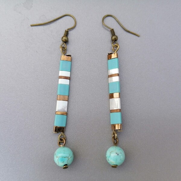 Boucles d'oreilles turquoise, bronze et ivoire, boucles perles Miuyki Tila, Half Tila et Quarter Tila, boucles avec perle turquoise